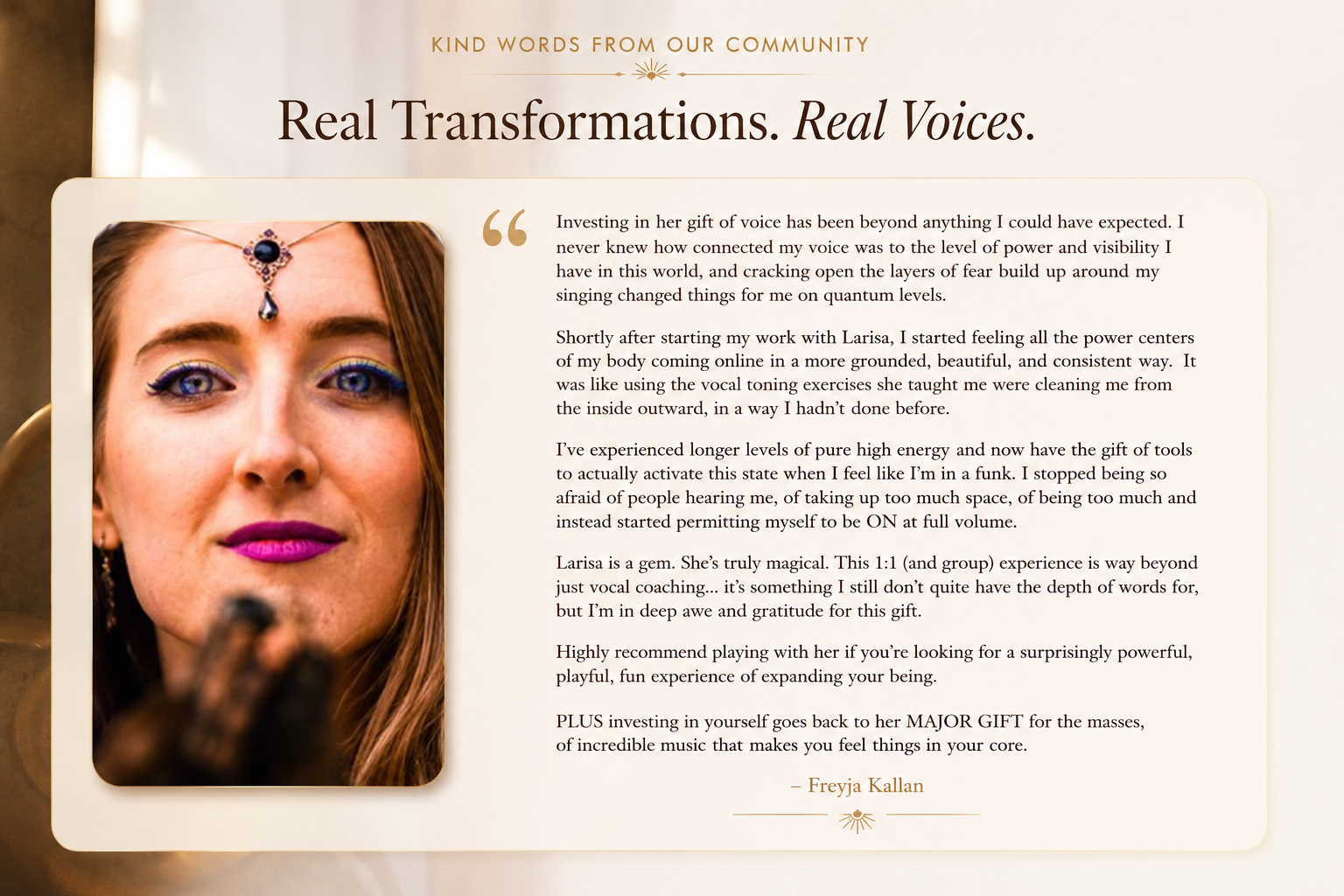 Testimonial from Freyja Kallan — Real Transformations. Real Voices.